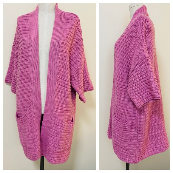 Context Sweaters - CONTEXT Ribbed Open Front Oversized Chunky Pink Cardigan Size Medium